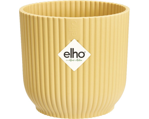 Žltý kvetináč s vertikálnymi drážkami a logom Elho