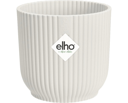 Biely kvetináč s vertikálnymi drážkami a logom Elho