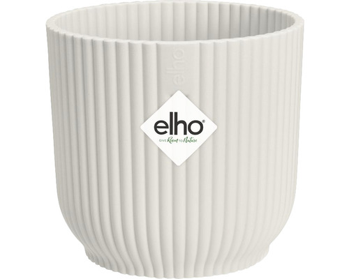 Biely kvetináč s rebrovanou štruktúrou a logom Elho