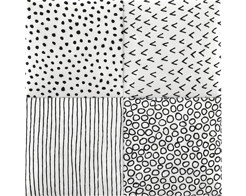 Štvorcový vzor látky s bodkami, čiarami, háčikmi a kruhmi