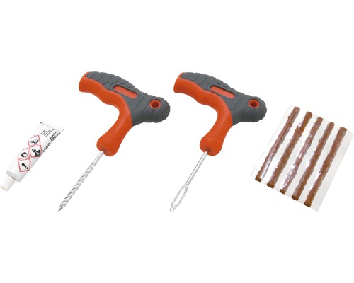 Súprava na opravu pneumatík s dvoma nástrojmi, tmelom a opravnými prúžkami