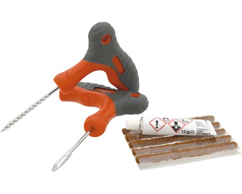 Súprava na opravu pneumatík s nástrojom na zavádzanie, nástrojom na zdrsnenie, vulkanizačným roztokom a opravnými prúžkami