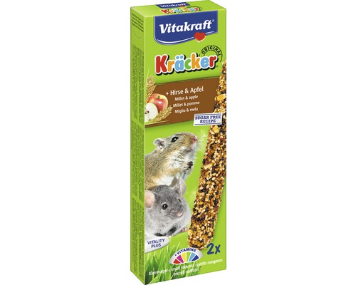 Maškrty pre hlodavce Vitakraft Kräcker s prosom a jablkom 2 ks 60 g Vitakraft Kräcker pre malé hlodavce, proso a jablko, receptúra bez cukru, 2 kusy