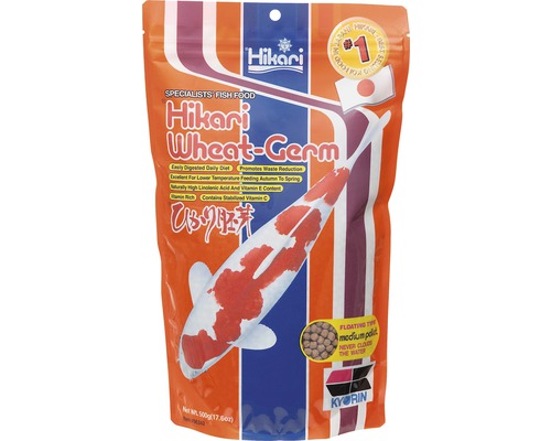 Krmivo pre jazierkové ryby Hikari Wheat-Germ Floating Medium 500 g Krmivo pre ryby Hikari Wheat-Germ v 500-gramovom balení s vyobrazením kapra