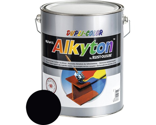 Farba na kov hrdzu i drevo DUPLI-COLOR Alkyton čierna RAL9005 lesklá 5 l Plechovka farby Dupli Color Alkyton s ukážkou farby