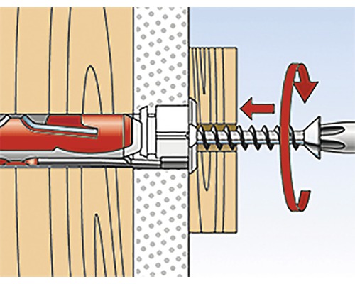 Ilustrácia skrutky zaskrutkovanej do steny na upevnenie kusa dreva