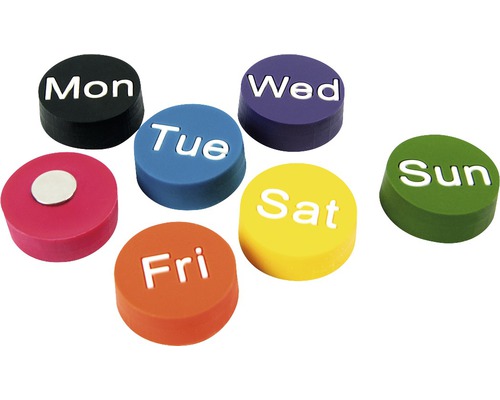 Sedem okrúhlych magnetov s názvami dní v týždni