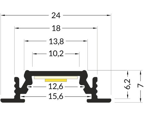 Technický nákres LED profilu s rozmermi v centimetroch