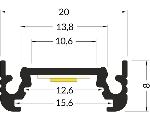 Technický nákres LED profilu s rozmermi.