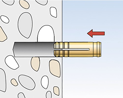 Ilustrácia hmoždinky v stene so šípkou ukazujúcou smer.