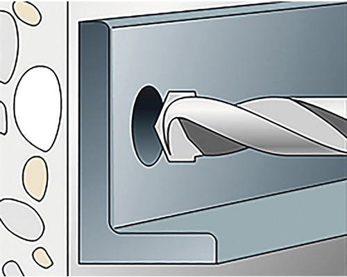 Ilustrácia vŕtačky vŕtajúcej cez kovový kus do kamennej steny.