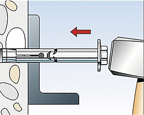 Ilustrácia kovovej hmoždinky zatĺkanej kladivom do steny