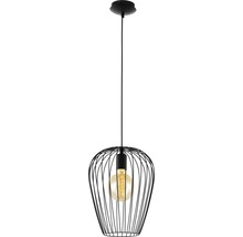 Závesná lampa s čiernou kovovou klietkou a žiarovkou