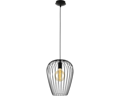 Závesná lampa s čiernou kovovou klietkou a žiarovkou