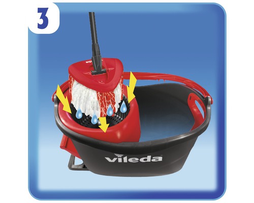 Logo spoločnosti Vileda. Zobrazenie funkcie žmýkania mopu pomocou šípok a kvapiek vody.