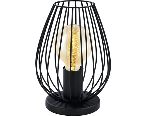 Dekoratívna stolná lampa s čiernym drôteným rámom a žiarovkou