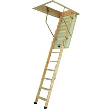 Rozložené drevené podkrovné schody s kovovými kovaniami.