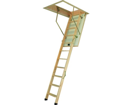 Rozložené drevené podkrovné schody s kovovými kovaniami.