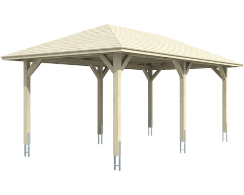 Drevený pavilón so strechou a podpornými stĺpikmi