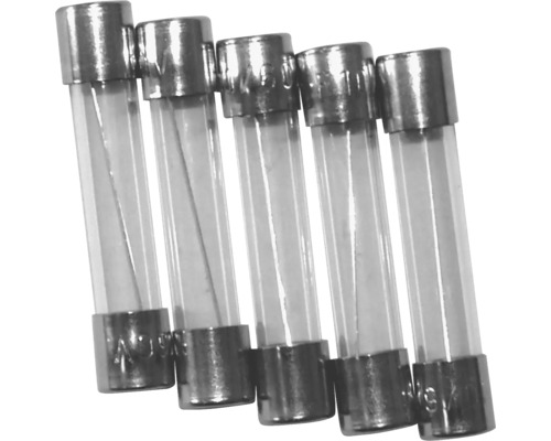 Päť valcových sklenených poistiek s kovovými prvkami