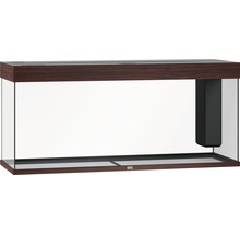 Prázdne akvárium s tmavým dreveným rámom a integrovaným filtračným systémom