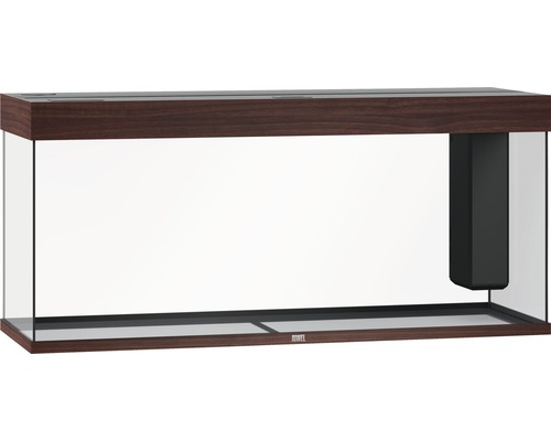 Prázdne akvárium s tmavým dreveným rámom a integrovaným filtračným systémom