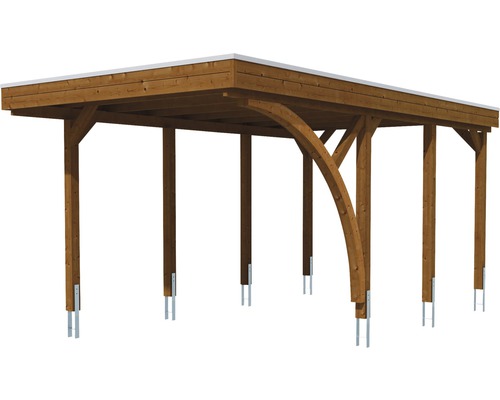 Drevený carport s plochou strechou a kovovými kotvami