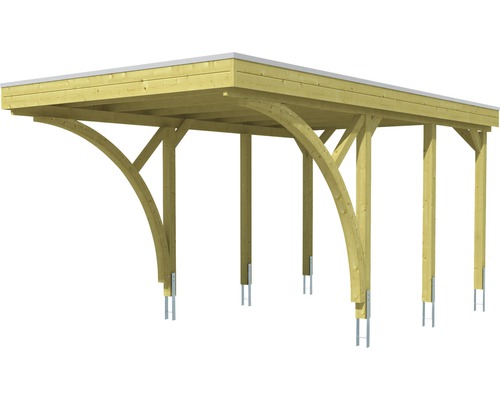 Drevený carport s plochou strechou a stĺpikmi na kovových kotvách