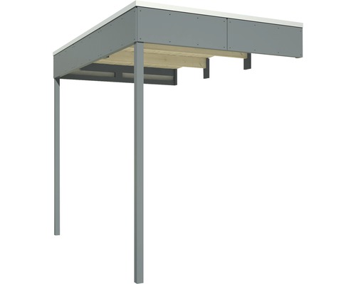 Sivý prístrešok pre auto s drevenou spodnou konštrukciou