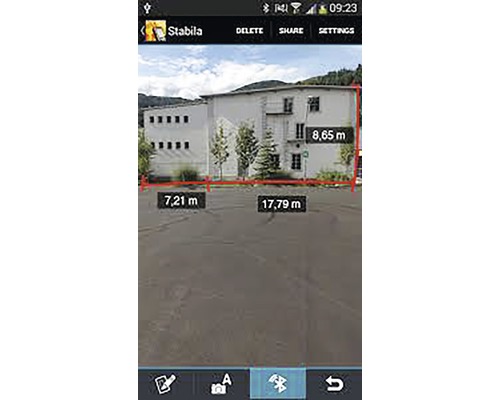 Zobrazenie obrazovky aplikácie Stabila s rozmermi budovy