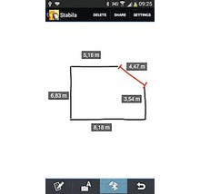 Obrazovka aplikácie Stabila s nameranými hodnotami obdĺžnikového priestoru