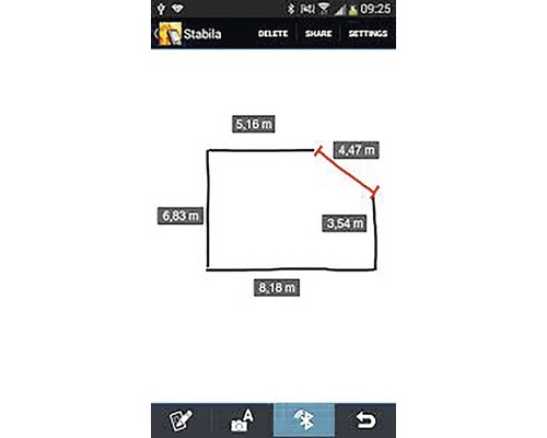 Obrazovka aplikácie Stabila s nameranými hodnotami obdĺžnikového priestoru
