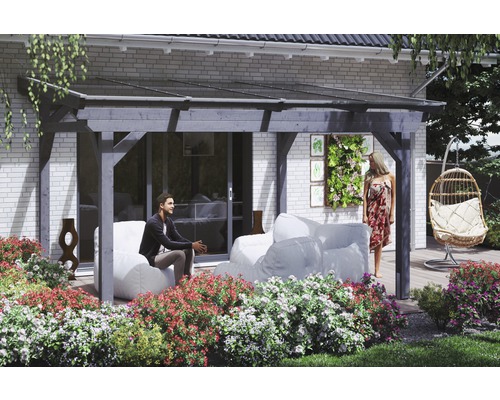 Zastrešenie terasy SKAN HOLZ Sanremo 434x400 cm, bridlicovo sivé lepené lamelové drevo Zastrešená terasa s posedením a ľuďmi
