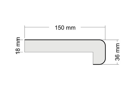 Technický nákres profilu s rozmermi 150 mm šírka, 18 mm výška a 36 mm hĺbka.