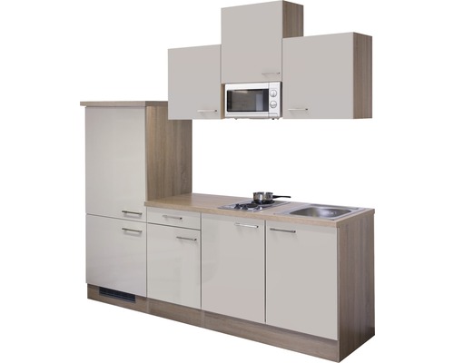 Kompaktná kuchynská linka s drezom, varnou doskou, mikrovlnnou rúrou a závesnými skrinkami do malých priestorov