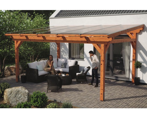 Zastrešenie terasy SKAN HOLZ Sanremo 541x250 cm, svetlý dub lepené drevo Zastrešená terasa s drevenou konštrukciou a posedením