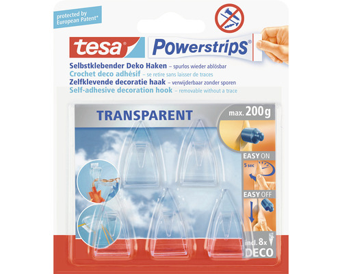 Tesa PowerStrip dekoračné háčiky, transparentné (do 200g), 5 háčikov / 8 prúžkov Balenie dekoračných háčikov Tesa Powerstrips s ôsmimi transparentnými samolepiacimi háčikmi na ozdobu