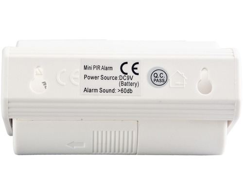 Mini PIR alarm s označením CE a informáciami o napájaní a hlasitosti
