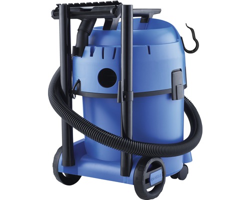 Modrý viacúčelový vysávač s hadicou a kolieskami