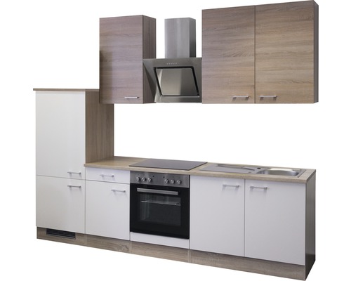 Kuchynská linka so závesnými skrinkami, digestorom, drezom a elektrickým sporákom
