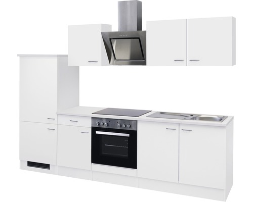 Kuchynská linka s drezom, sporákom, rúrou, digestorom a bielymi skrinkami