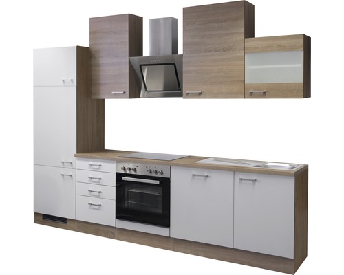 Kuchynská linka so závesnými skrinkami, drezom, sporákom a digestorom