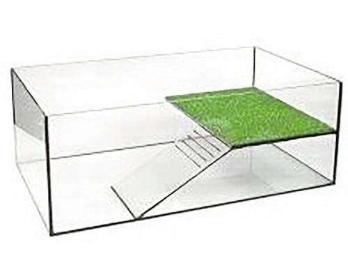 Sklenené terárium s rampou a zelenou plochou pre plazy