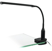 Čierna klipsová lampa s flexibilným ramenom na stolovej doske