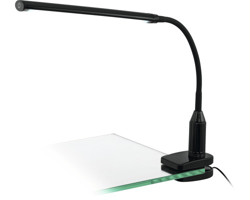 Čierna klipsová lampa s flexibilným ramenom na stolovej doske