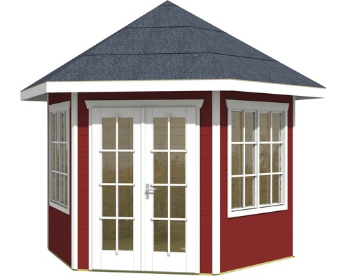 Šesťuholníkový záhradný domček so strechou, oknami a dvojkrídlovými dverami