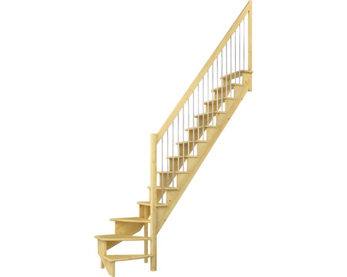 Schody Pertura Filia 1/4 stočené dole vpravo šírka 65 cm borovica 12 stupňov kovové zábradlie Schody Pertura Filia 1/4 stočené dole vpravo šírka 65 cm borovica 12 stupňov kovové zábradlie
