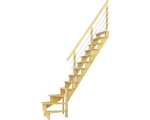 Schody Pertura Filia 1/4 stočené dole vpravo šírka 65 cm borovica 12 stupňov kovové zábradlie Schody Pertura Filia 1/4 stočené dole vpravo šírka 65 cm borovica 12 stupňov kovové zábradlie