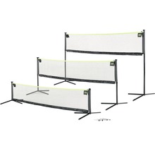 Tri badmintonové siete v rôznych výškach so statívom a logom EXIT.