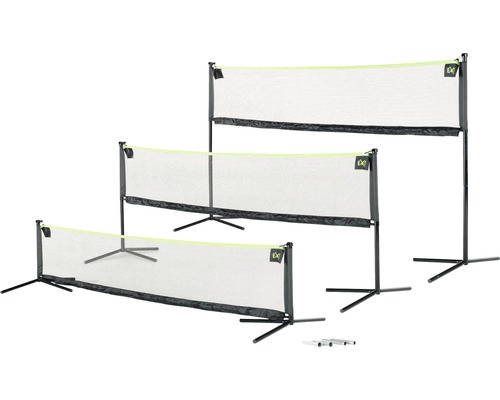 Tri badmintonové siete v rôznych výškach so statívom a logom EXIT.